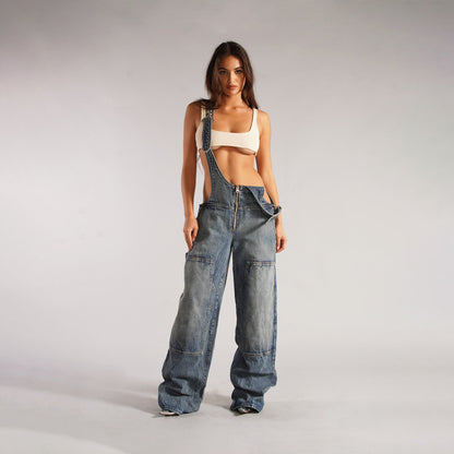 Cut-Out Denim Overalls